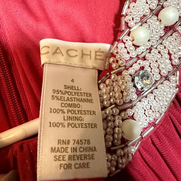 Cache Cocktail Dress Sleeveless Beaded Neck Ruffle Over Lay Fuschia Pink 4 - Picture 3 of 4